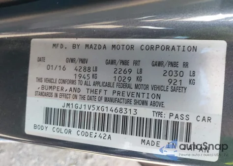 2016 Mazda 6 Touring z USA, uszkodzony, nr VIN JM1GJ1V5XG1468313